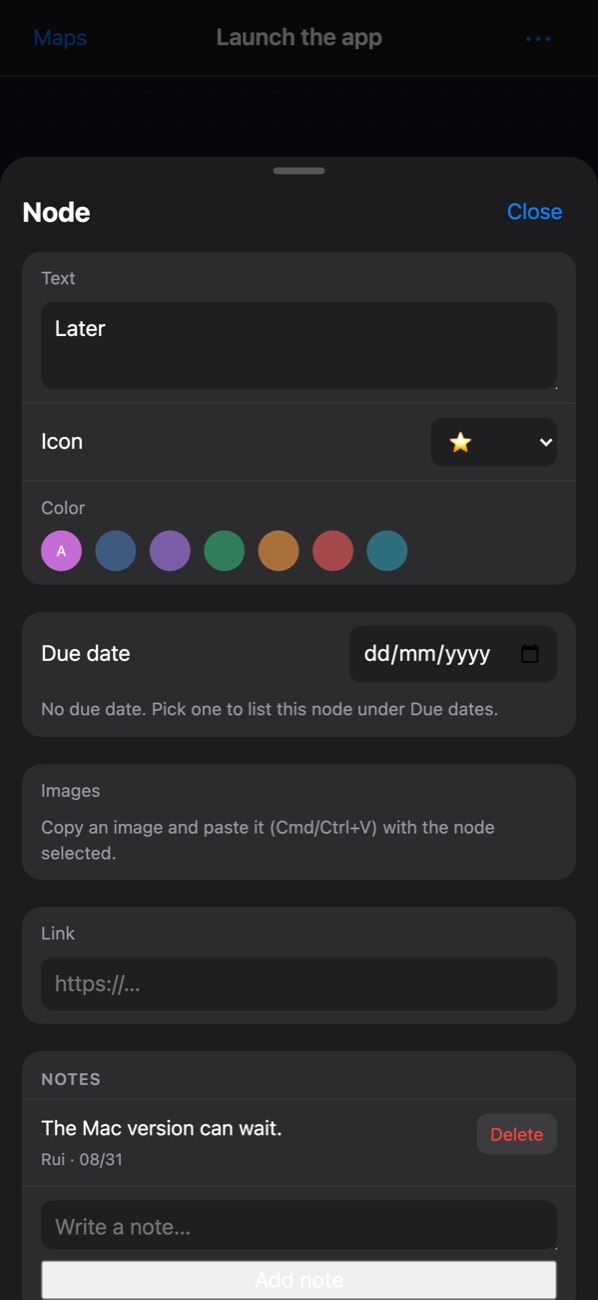 Editing
				a bubble in Dendra on an iPhone: text, icon, colour, due date and notes